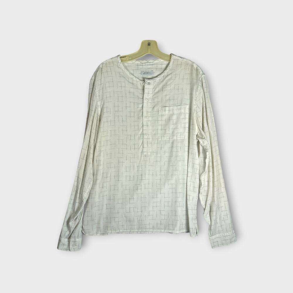 Saturdays NYC Mens Popover Shirt Sz M Ivory Grid Print Viscose Long Sleeve